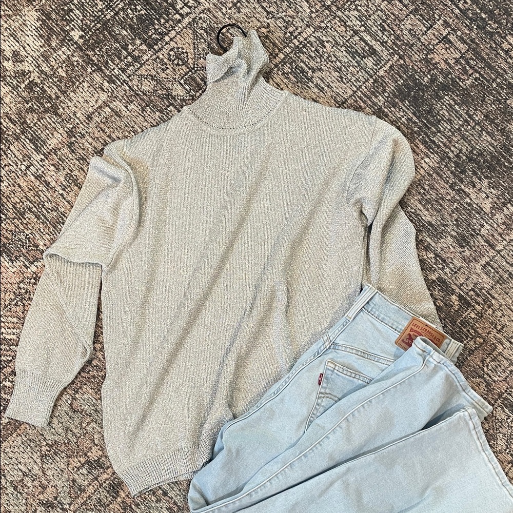 Vintage Silver Metallic Turtleneck Sweater Large Shimmer Knit